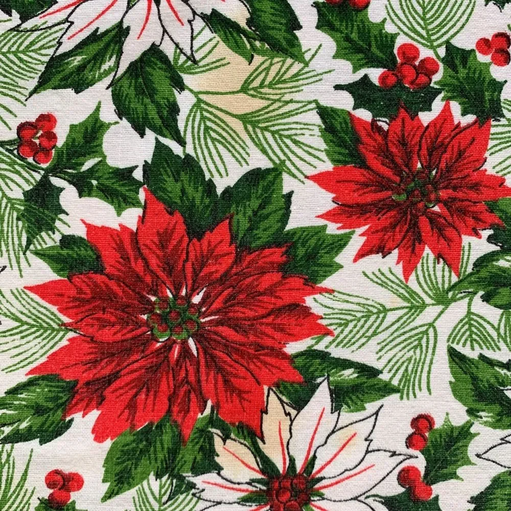 Holiday Poinsettia Holly Tablecloth 53x64 Christmas Floral Red Green Vintage
